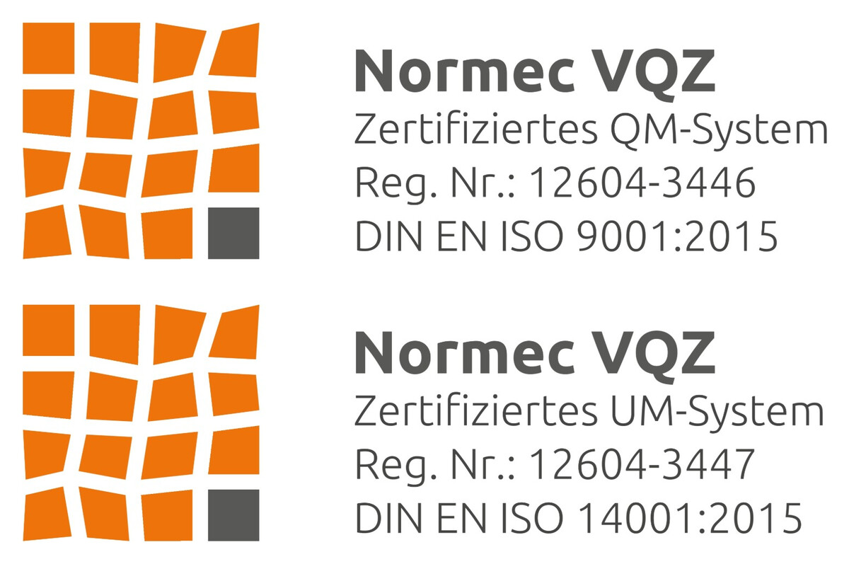 Zertifiziert nach DIN EN ISO 9001:2015 und DIN EN ISO 14001:2015 – Normec VQZ